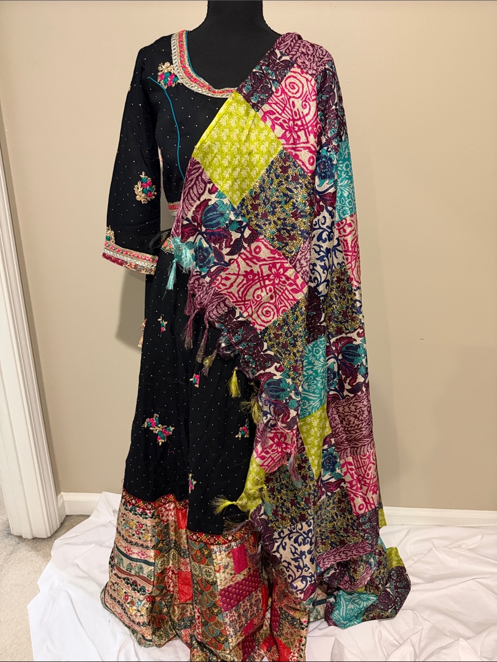 Embellished Black Chaniya Choli Lehenga with Multicolor Patchwork Dupatta